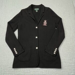 Lauren Ralph Lauren 100% Cotton Classic Crest Blazer Cardigan w Pockets Black PS